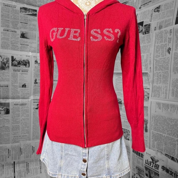 Guess Red Rhinestone Logo Hoodie Zip Up Sweater Women's Medium Y2K Retro Top - Picture 1 of 6